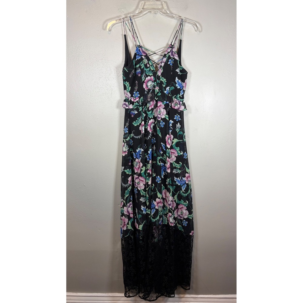 Express Floral Lace Trim Maxi Dress Black Pink Blue Lace Up V-Neck Petite 0